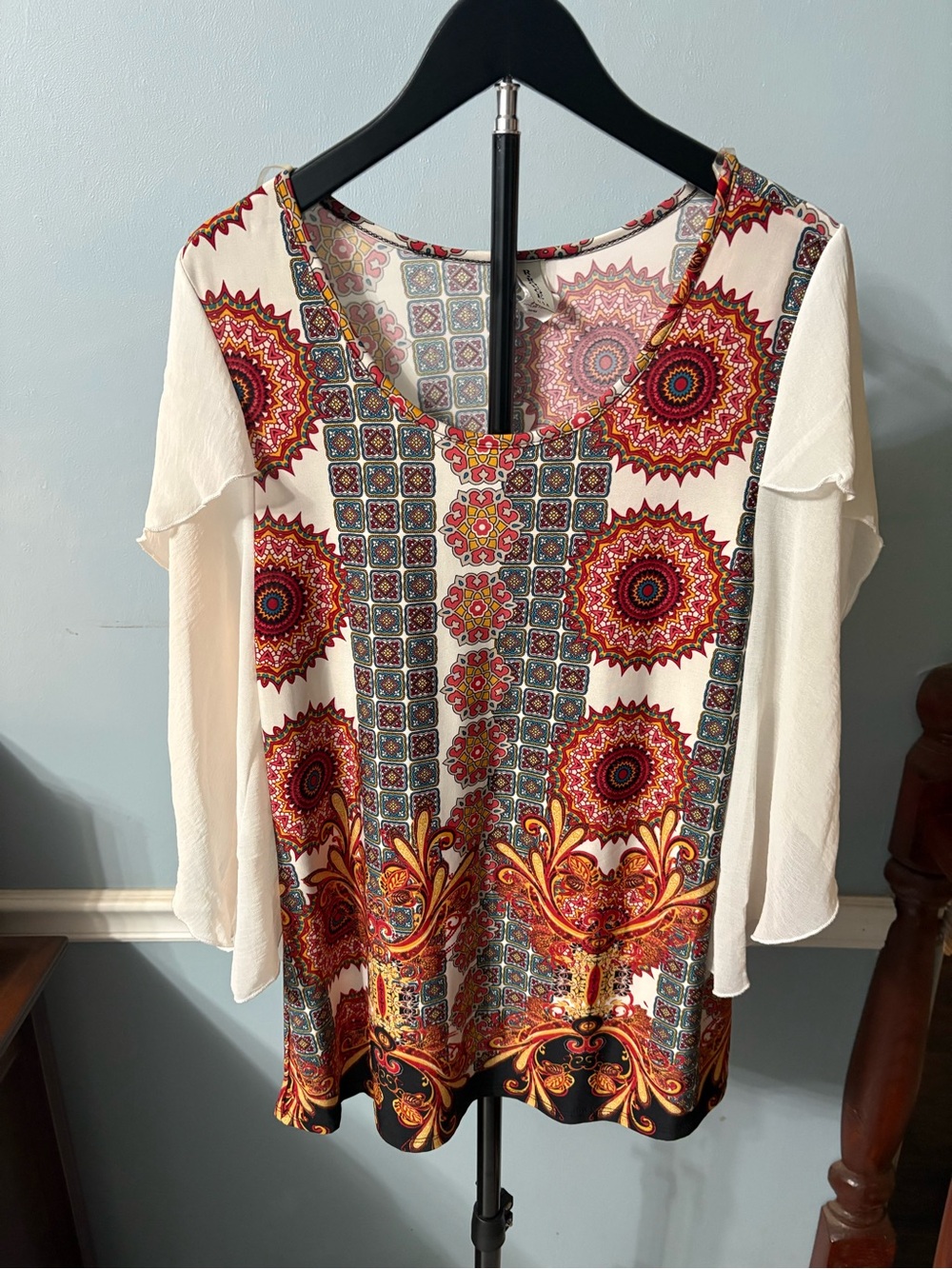 Vintage Cream Boho Medallion Tunic with Red & Orange Accents